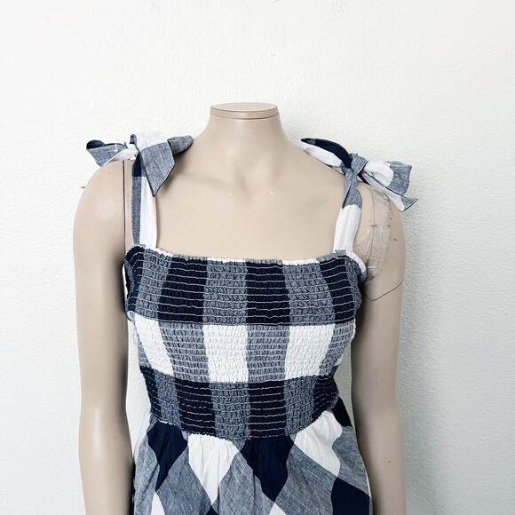 [Crown & Ivy] Navy Blue White Plaid Linen Midi Dress Tie Straps NWT Size Large L - Picture 4 of 11